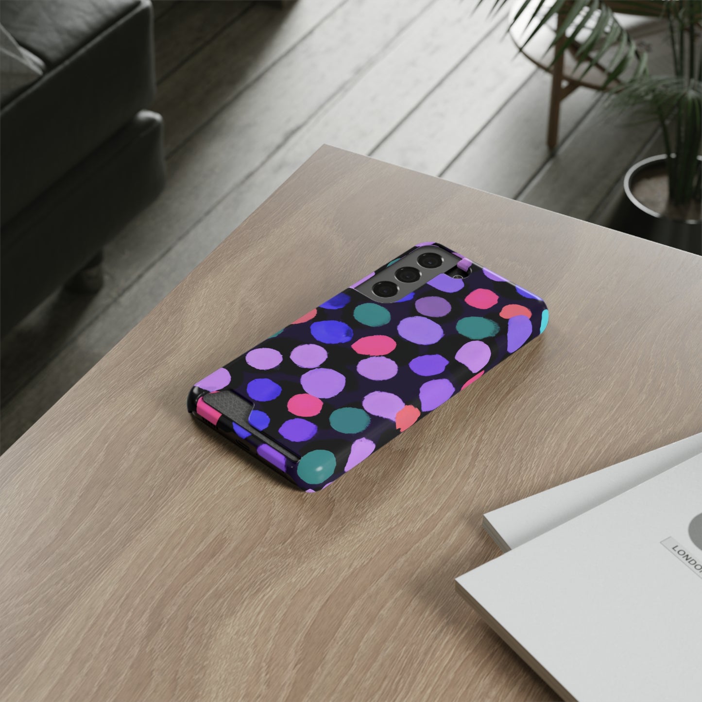 iPhone 13 and Samsung S21, S22 Cases with Card Holder Ft. Purple Dots