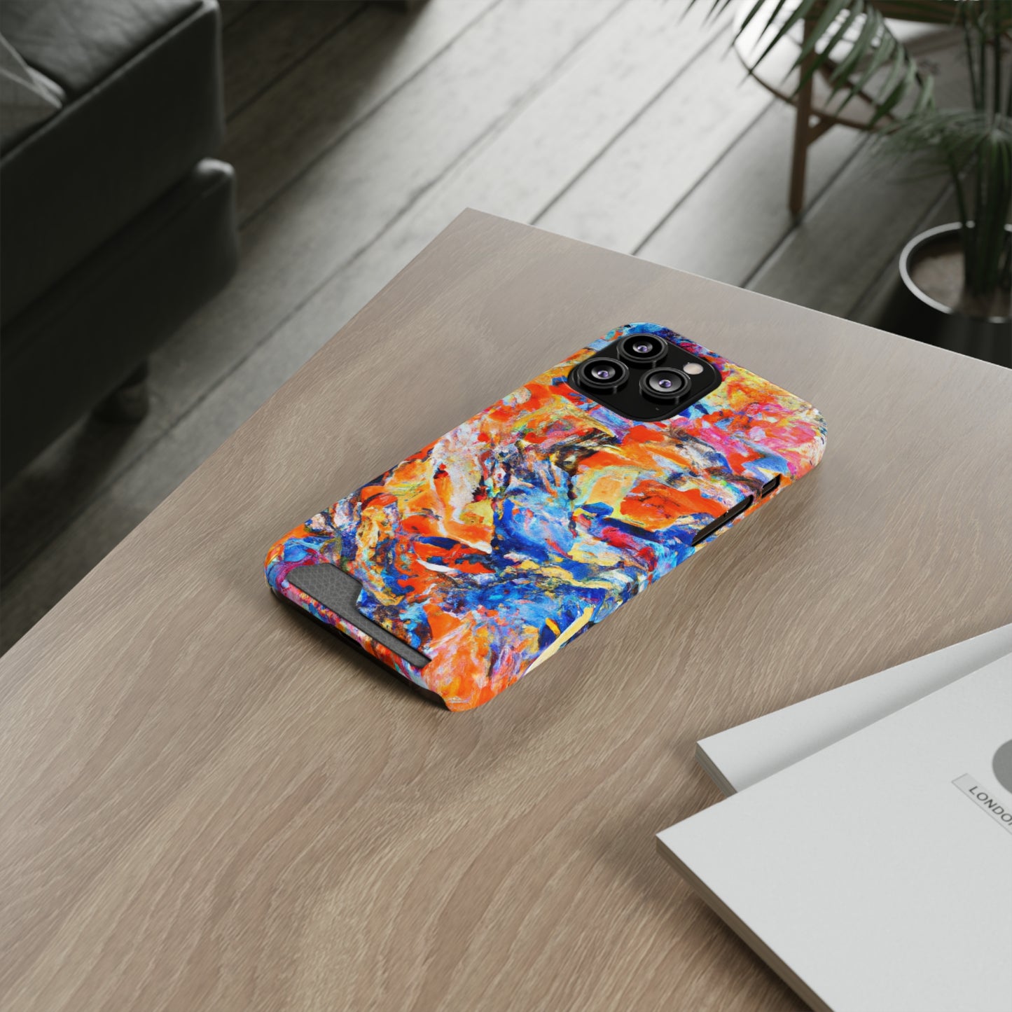 iPhone 13 and Samsung S21, S22 Cases with Card Holder Ft. Abstract Blue and Orange