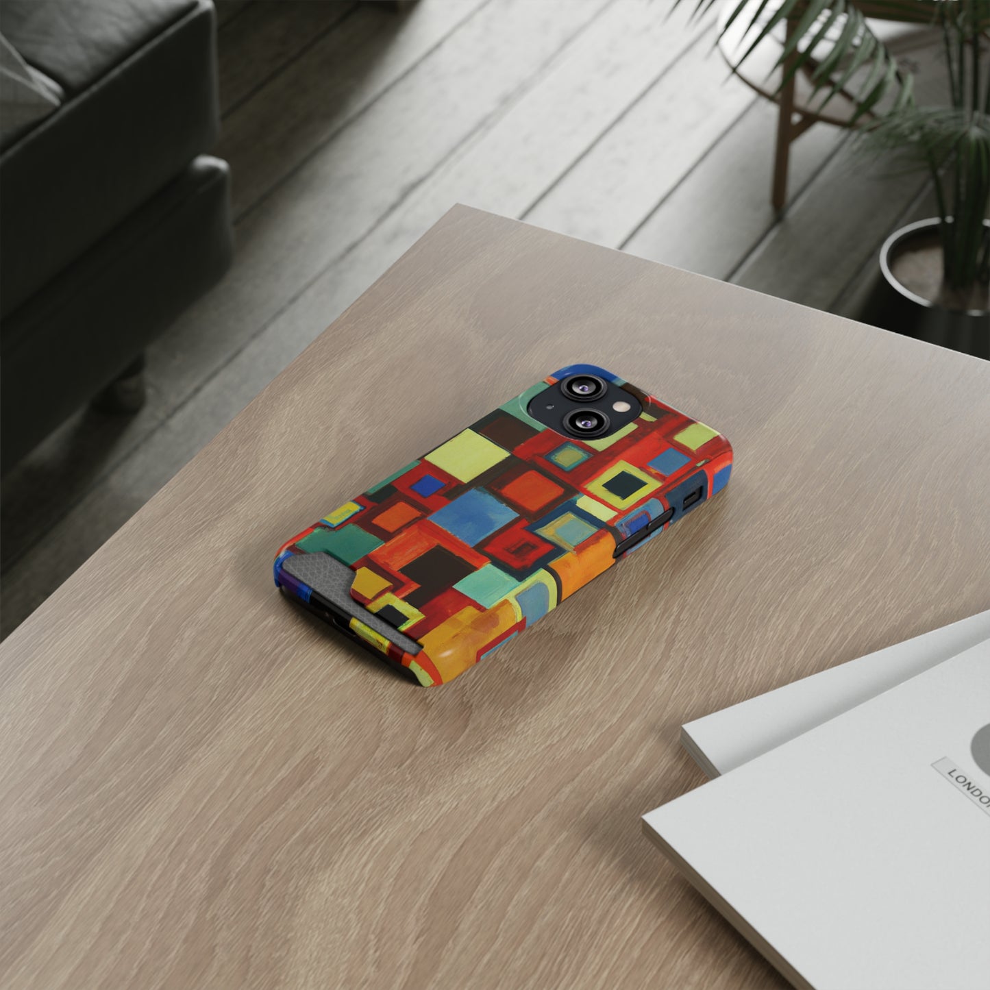 iPhone 13 and Samsung S21, S22 Cases with Card Holder Ft. Abstract Squares