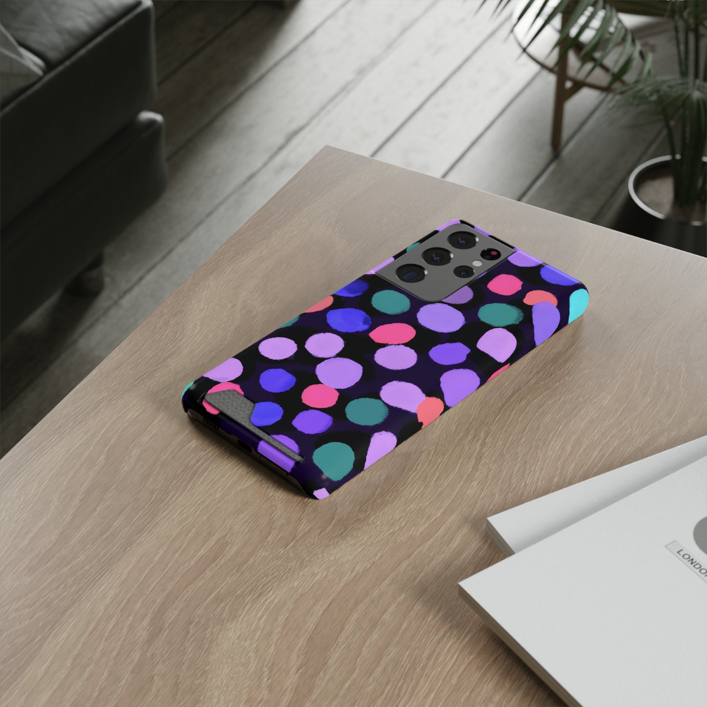 iPhone 13 and Samsung S21, S22 Cases with Card Holder Ft. Purple Dots