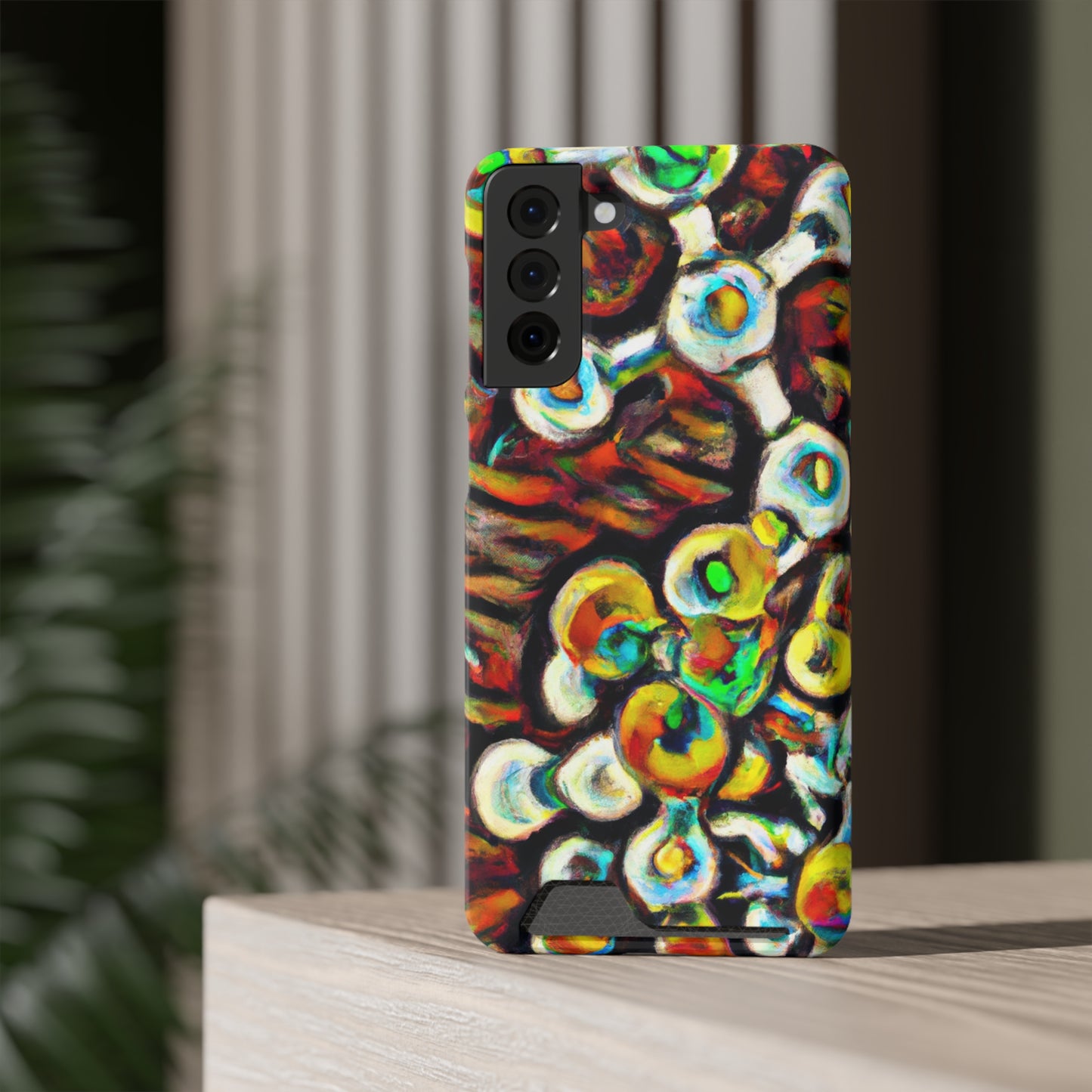 iPhone 13 and Samsung S21, S22 Cases with Card Holder Ft. Abstract Molecule