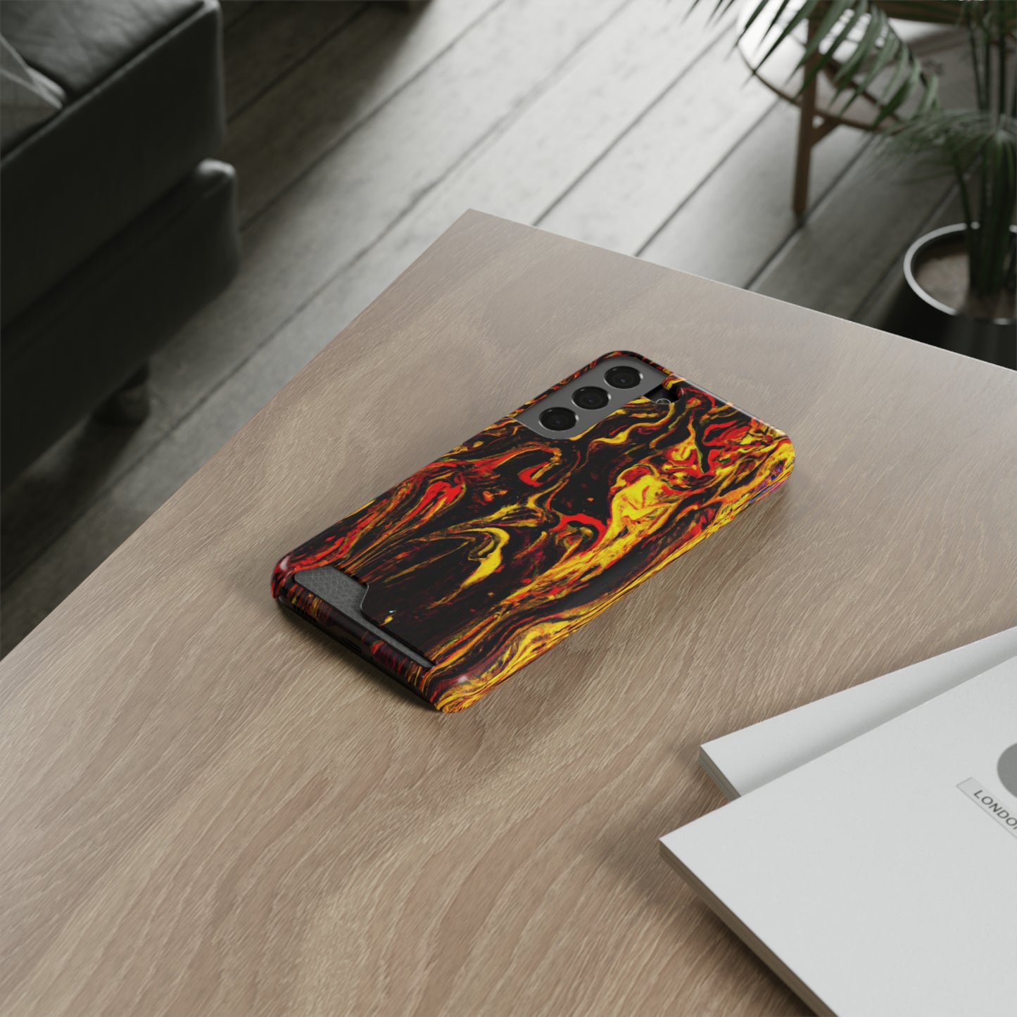 iPhone 13 and Samsung S21, S22 Cases with Card Holder Ft. Abstract Black and Yellow
