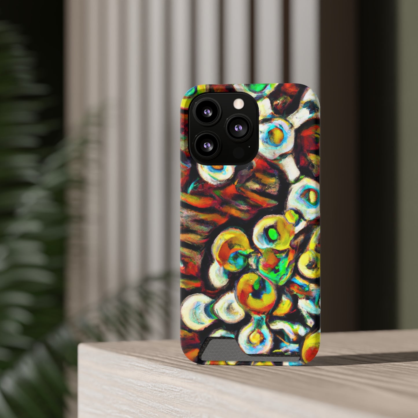 iPhone 13 and Samsung S21, S22 Cases with Card Holder Ft. Abstract Molecule