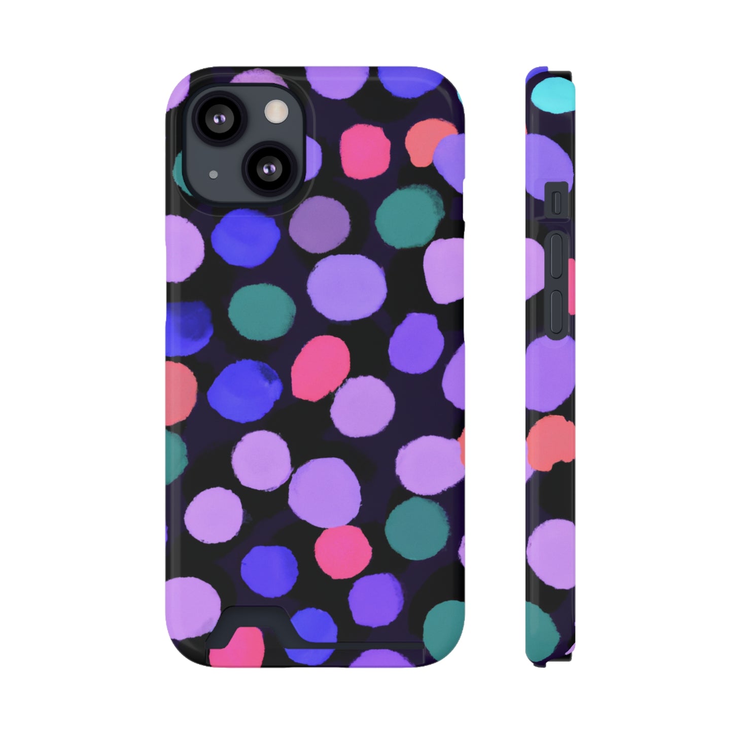 iPhone 13 and Samsung S21, S22 Cases with Card Holder Ft. Purple Dots