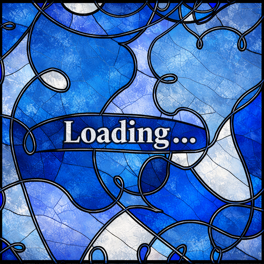 Loading screen with a blue stained glass background