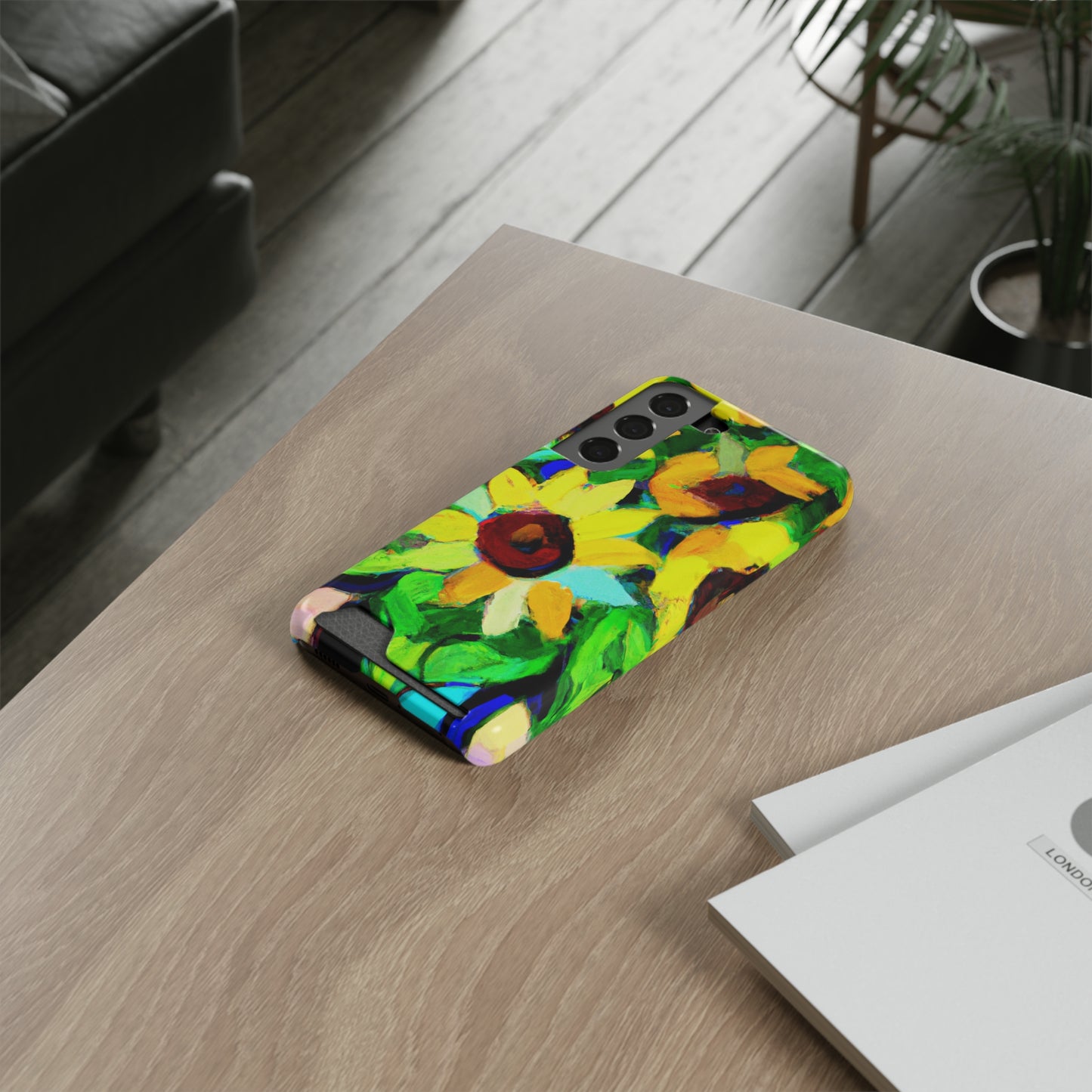 iPhone 13 and Samsung S21, S22 Cases with Card Holder Ft. Abstract Sunflowers