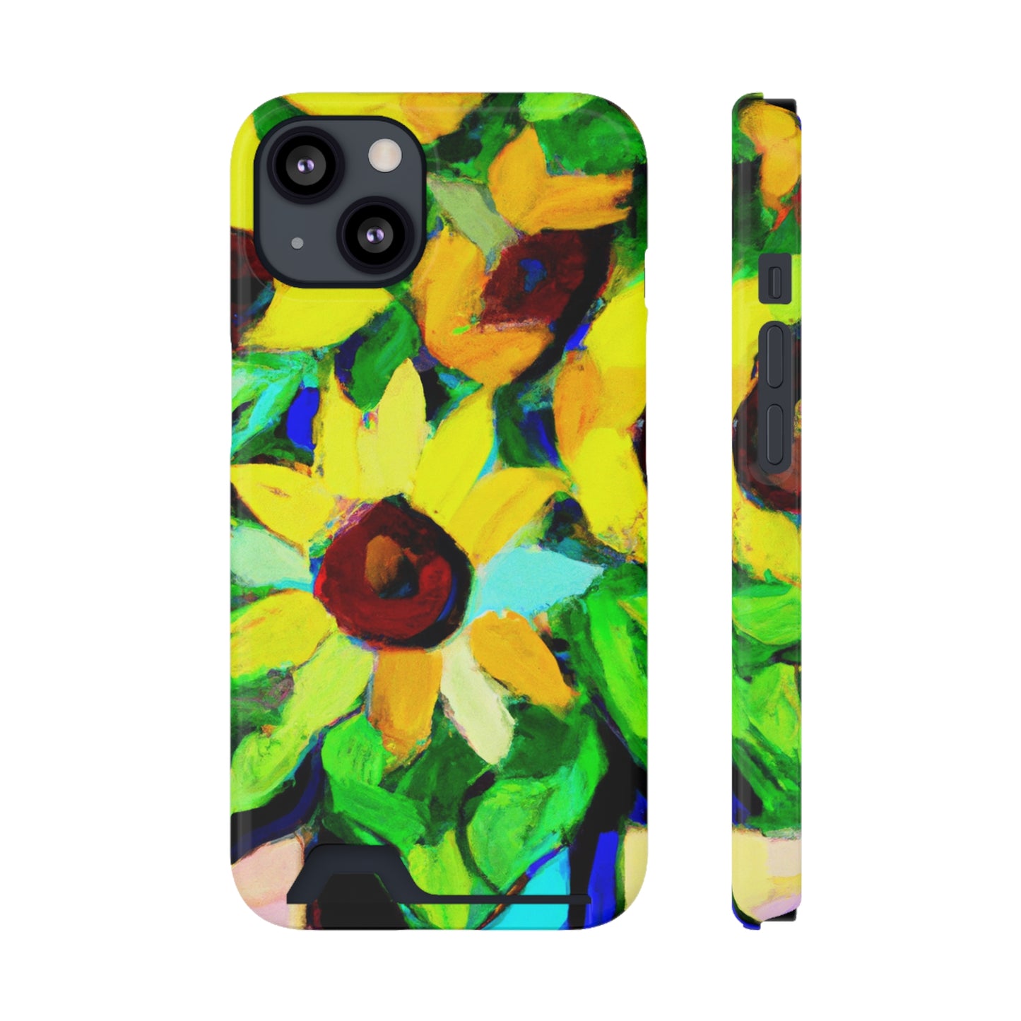 iPhone 13 and Samsung S21, S22 Cases with Card Holder Ft. Abstract Sunflowers