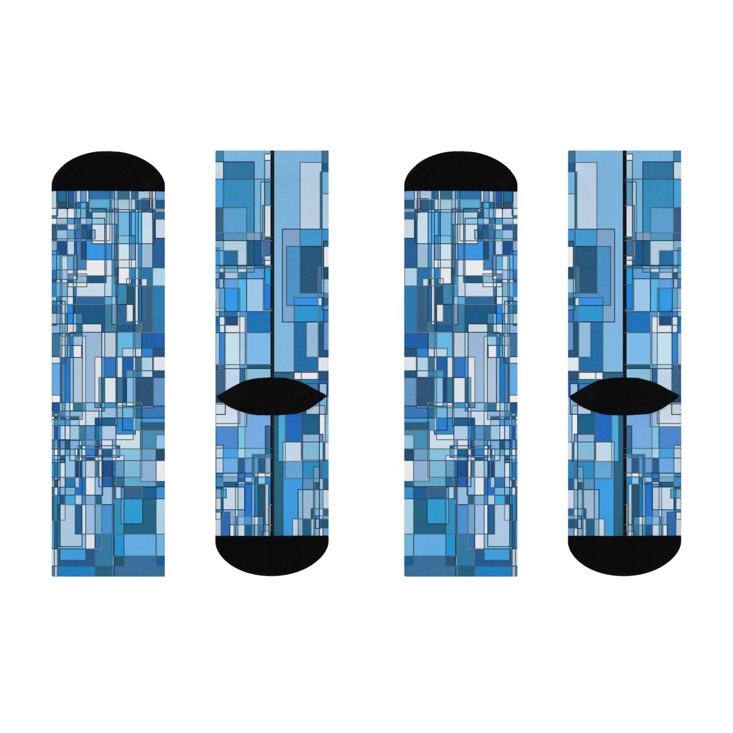 Blue Geometric Long Crew Socks: Cushioned Comfort, Modern Mosaic Pattern