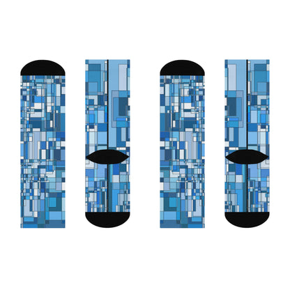 Blue Geometric Long Crew Socks: Cushioned Comfort, Modern Mosaic Pattern