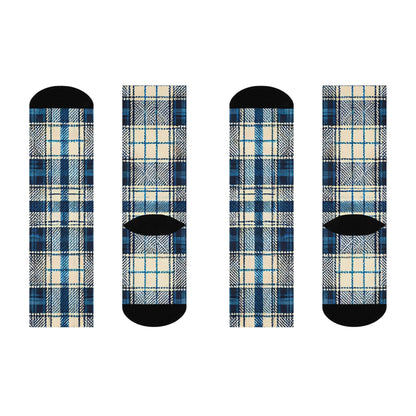 Blue Plaid Cushioned Crew Socks: Cozy Winter Blue Patterned Socks