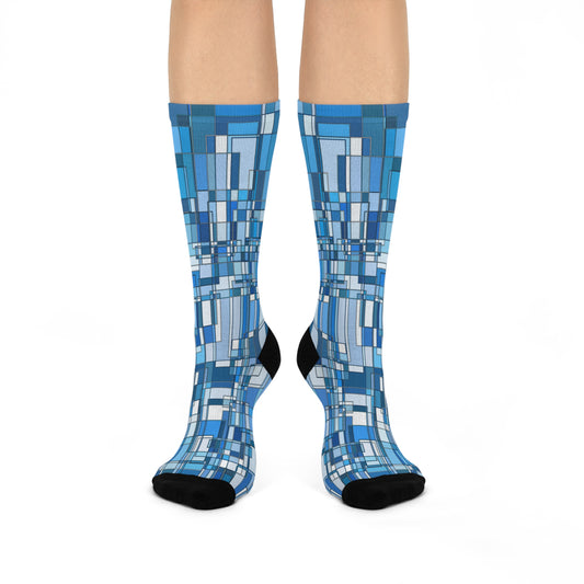 Blue Geometric Long Crew Socks: Cushioned Comfort, Modern Mosaic Pattern