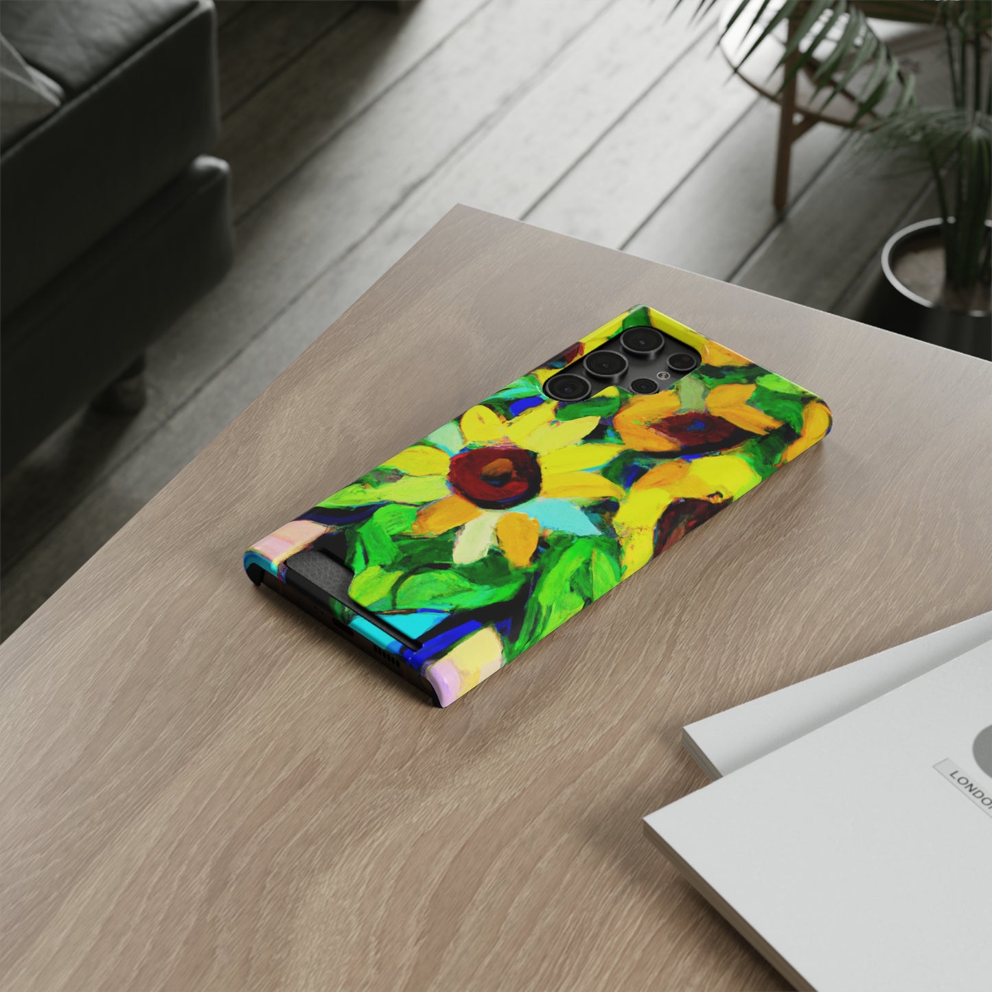 iPhone 13 and Samsung S21, S22 Cases with Card Holder Ft. Abstract Sunflowers