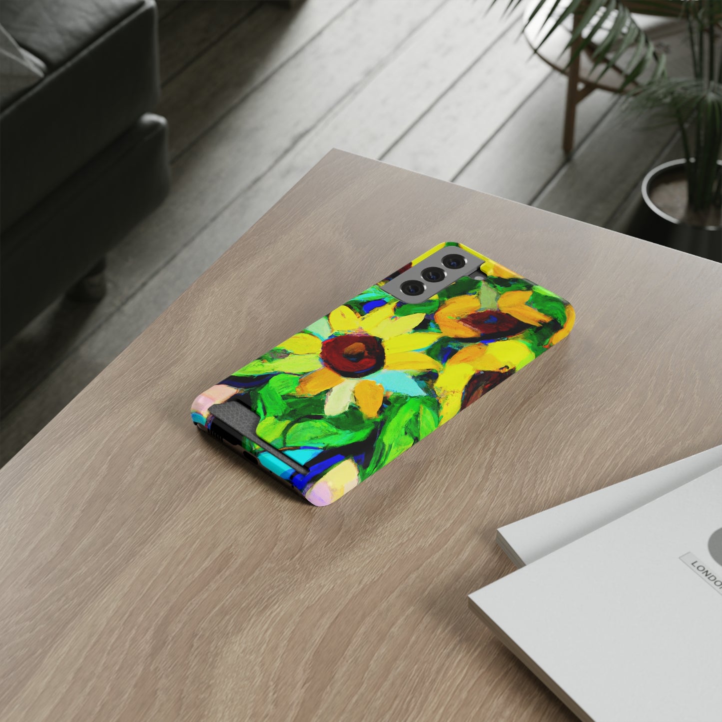 iPhone 13 and Samsung S21, S22 Cases with Card Holder Ft. Abstract Sunflowers