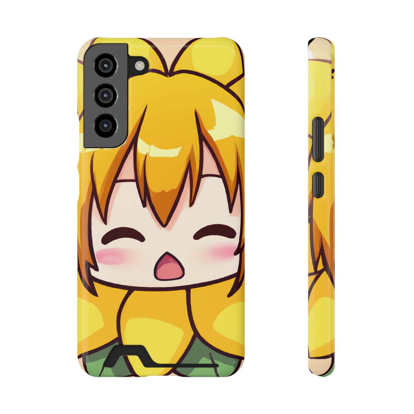 iPhone 13 and Samsung S21, S22 Cases with Card Holder Ft. Chibi Sunflower