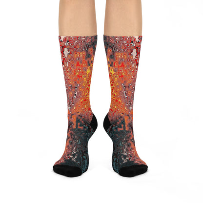 Abstract Lava Flow Crew Socks: Cushioned Artistic Orange & Black Pattern