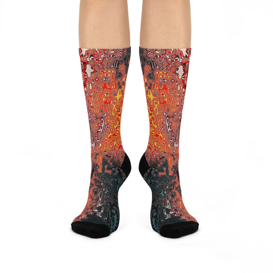 Abstract Lava Flow Crew Socks: Cushioned Artistic Orange & Black Pattern