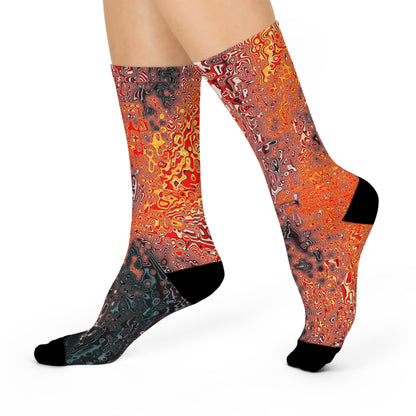 Abstract Lava Flow Crew Socks: Cushioned Artistic Orange & Black Pattern