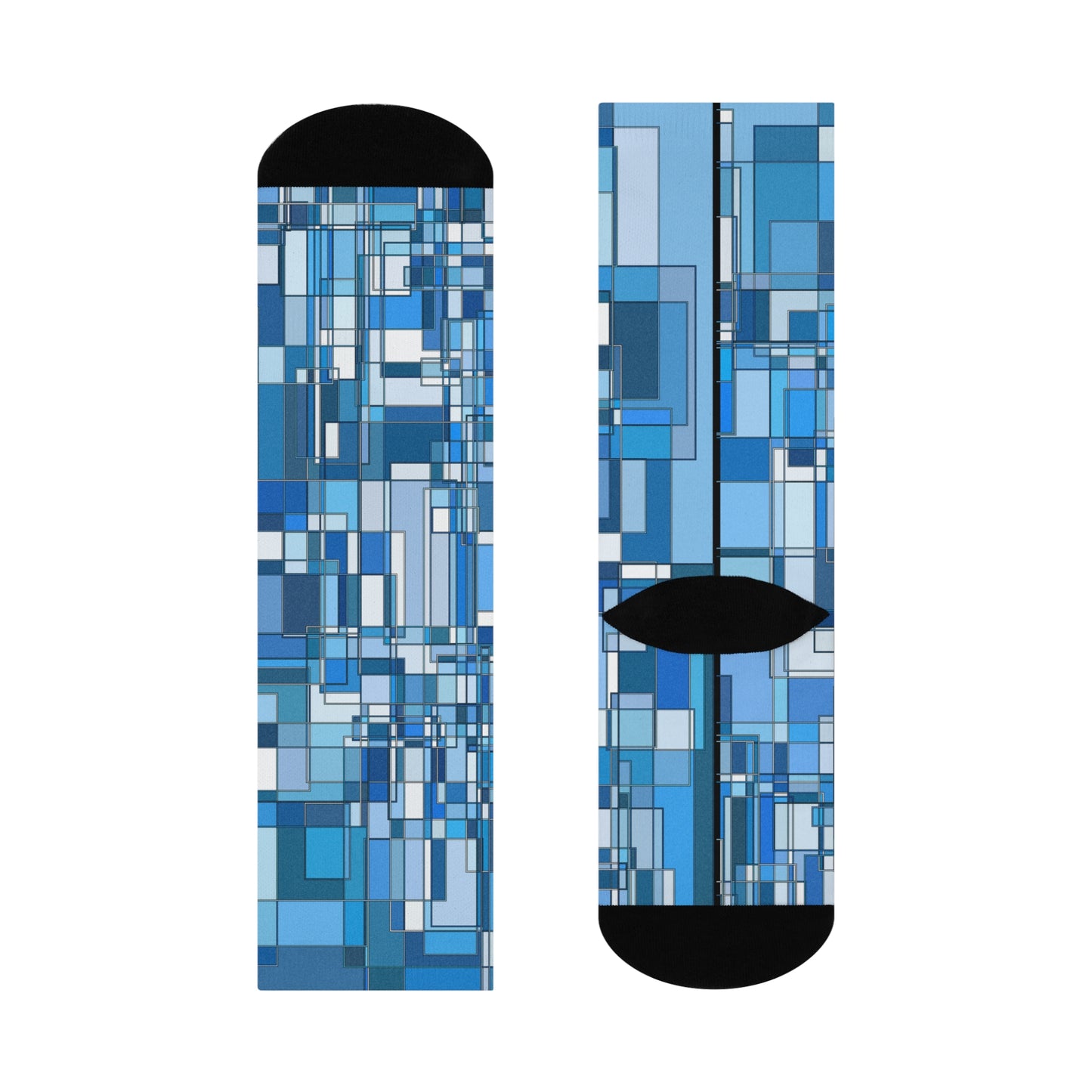 Blue Geometric Long Crew Socks: Cushioned Comfort, Modern Mosaic Pattern