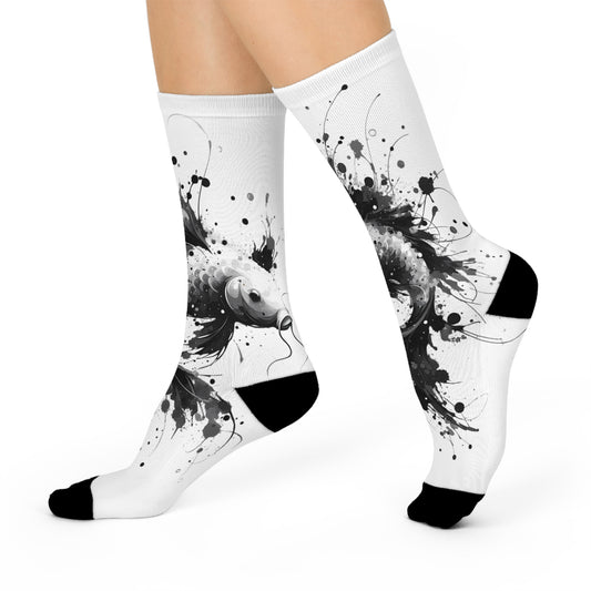 Cushioned Crew Socks: Black Ink Koi Splash Crew Socks