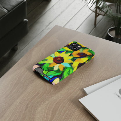 iPhone 13 and Samsung S21, S22 Cases with Card Holder Ft. Abstract Sunflowers