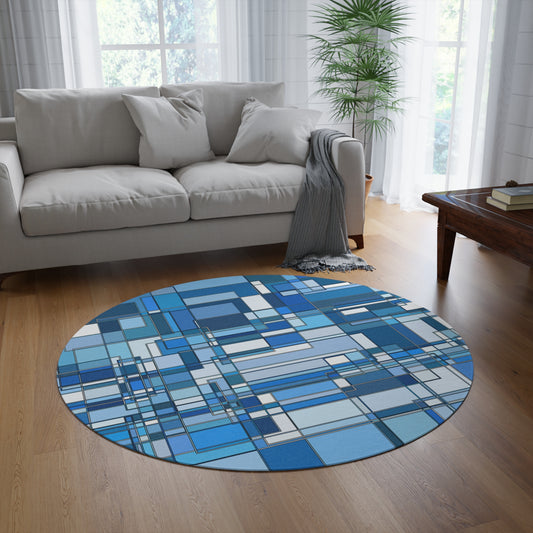 Geometric Blue Betweens Mosaic Round Rug: Modern Abstract Circle Accent Rug