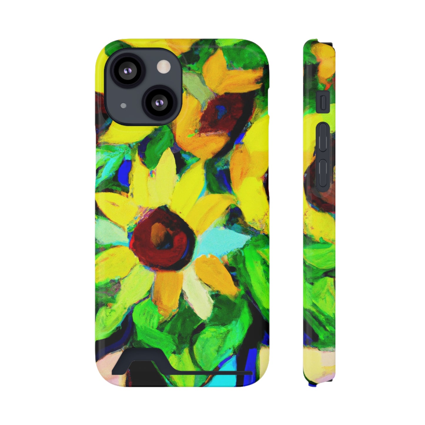 iPhone 13 and Samsung S21, S22 Cases with Card Holder Ft. Abstract Sunflowers