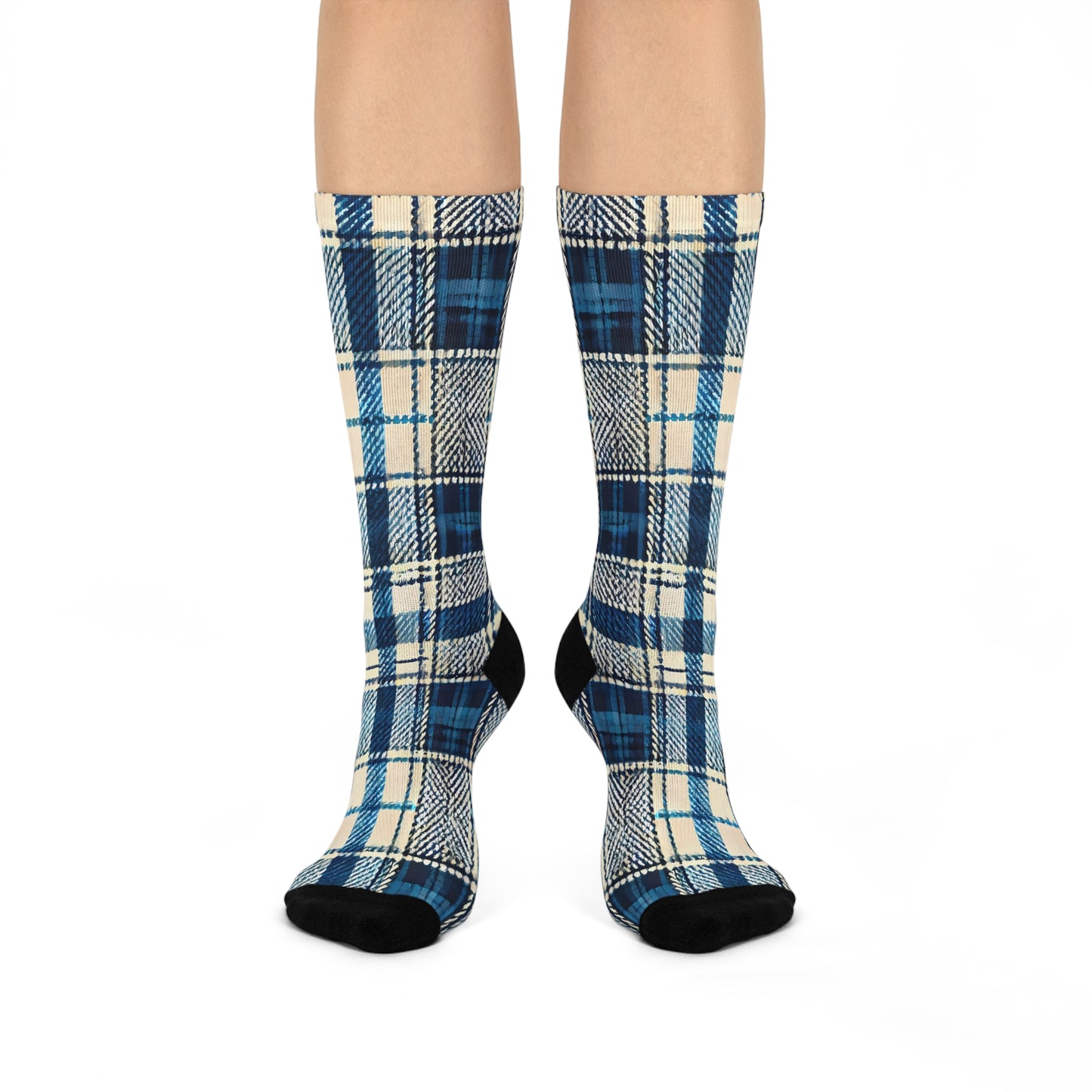 Blue Plaid Cushioned Crew Socks: Cozy Winter Blue Patterned Socks