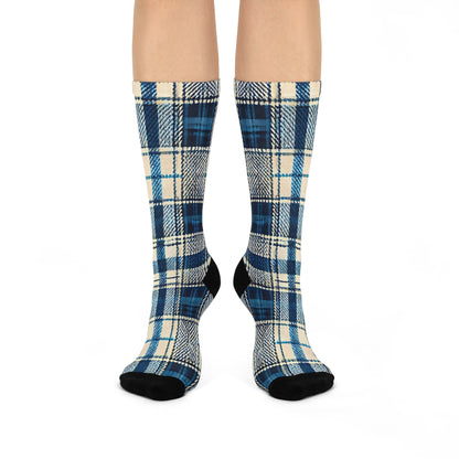 Blue Plaid Cushioned Crew Socks: Cozy Winter Blue Patterned Socks