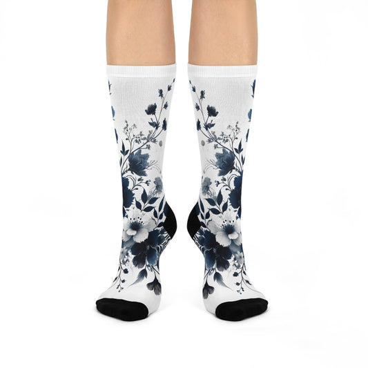 Floral Ink Crew Socks: Black & White Watercolor Flowers Cushioned Crew