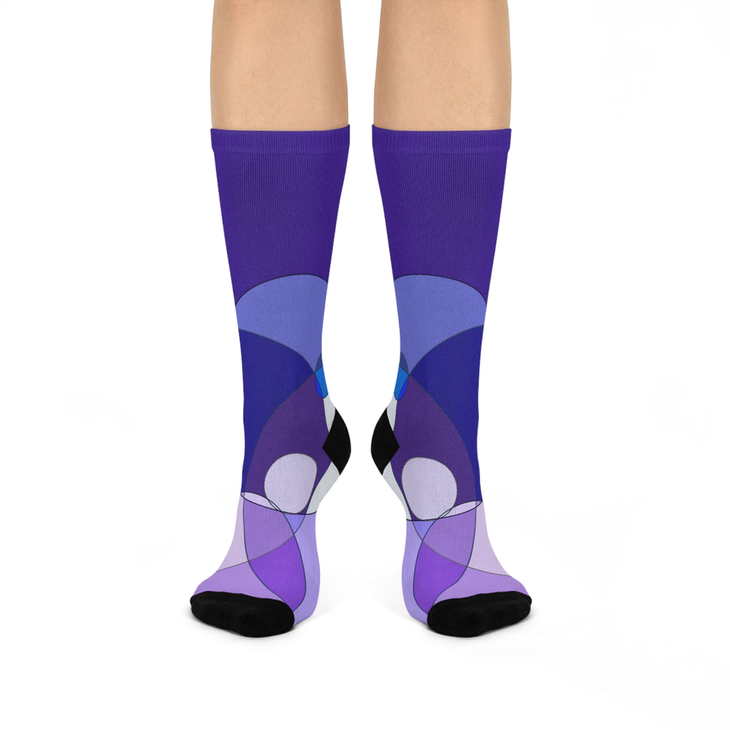 Purple Geometric Cushioned Crew Socks: Abstract Circle Pattern, Comfortable Everyday Socks