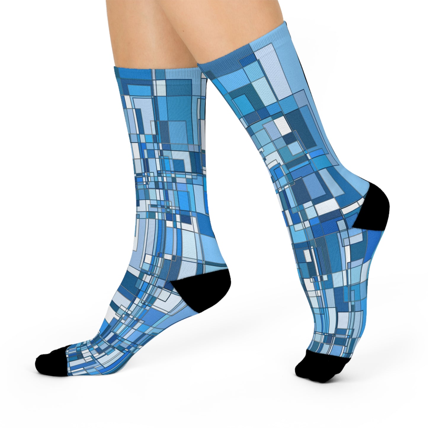 Blue Geometric Long Crew Socks: Cushioned Comfort, Modern Mosaic Pattern