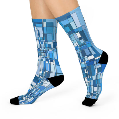 Blue Geometric Long Crew Socks: Cushioned Comfort, Modern Mosaic Pattern