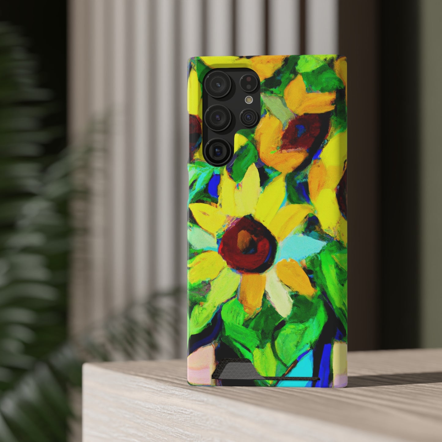 iPhone 13 and Samsung S21, S22 Cases with Card Holder Ft. Abstract Sunflowers