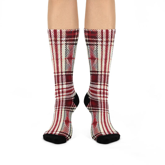 Red Plaid Cushioned Crew Socks: Cozy Holiday Red Flannel Print