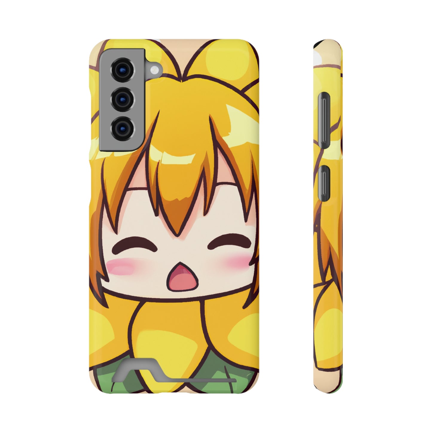 iPhone 13 and Samsung S21, S22 Cases with Card Holder Ft. Chibi Sunflower