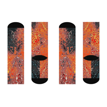 Abstract Lava Flow Crew Socks: Cushioned Artistic Orange & Black Pattern