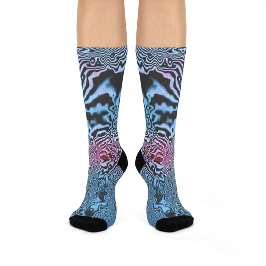 Psychedelic Tiger Stripe Marble Crew Socks: Blue Pink Abstract Cushioned Socks