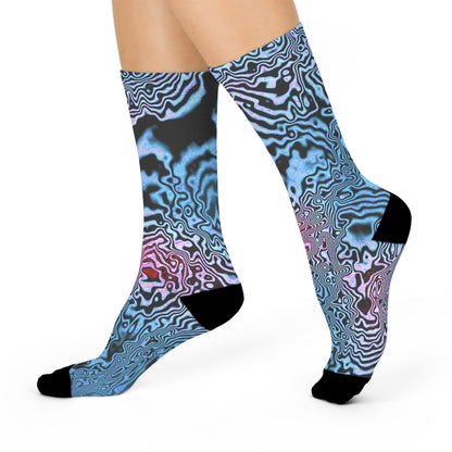 Psychedelic Tiger Stripe Marble Crew Socks: Blue Pink Abstract Cushioned Socks