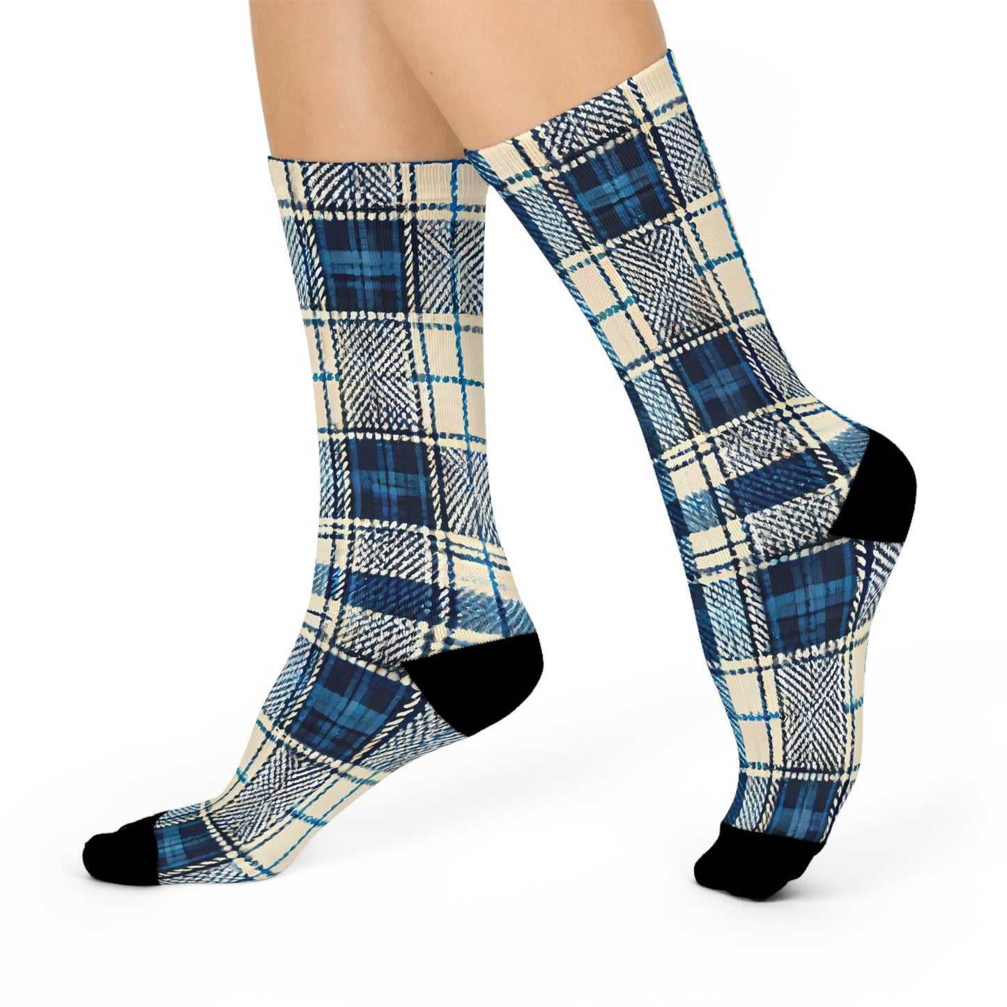 Blue Plaid Cushioned Crew Socks: Cozy Winter Blue Patterned Socks