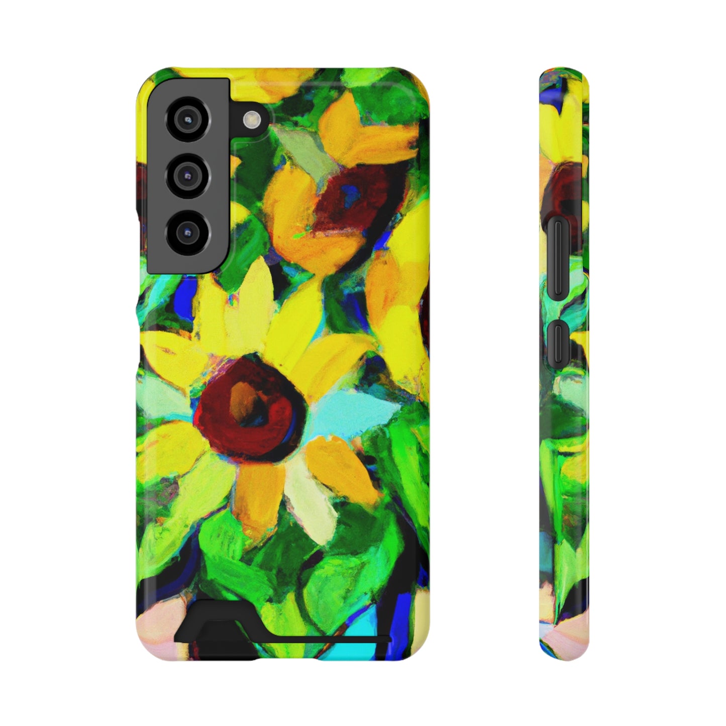 iPhone 13 and Samsung S21, S22 Cases with Card Holder Ft. Abstract Sunflowers