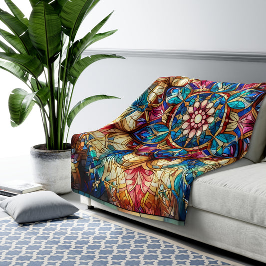 Beautiful Radial Stained Glass Design Sherpa Fleece Blanket