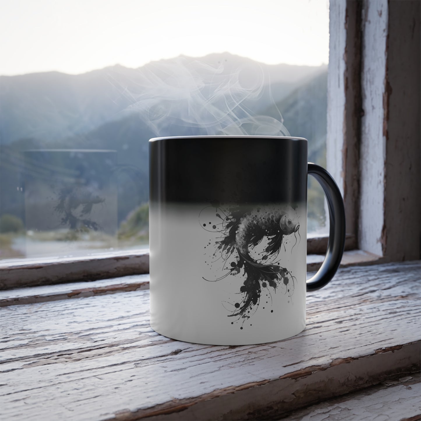 Color Morphing 11 oz Black and White Koi Fish Mug