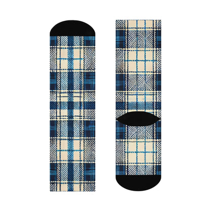 Blue Plaid Cushioned Crew Socks: Cozy Winter Blue Patterned Socks