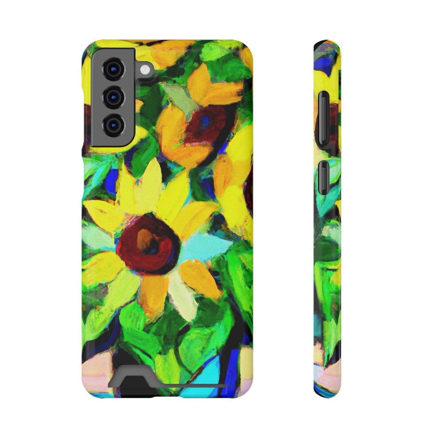 iPhone 13 and Samsung S21, S22 Cases with Card Holder Ft. Abstract Sunflowers