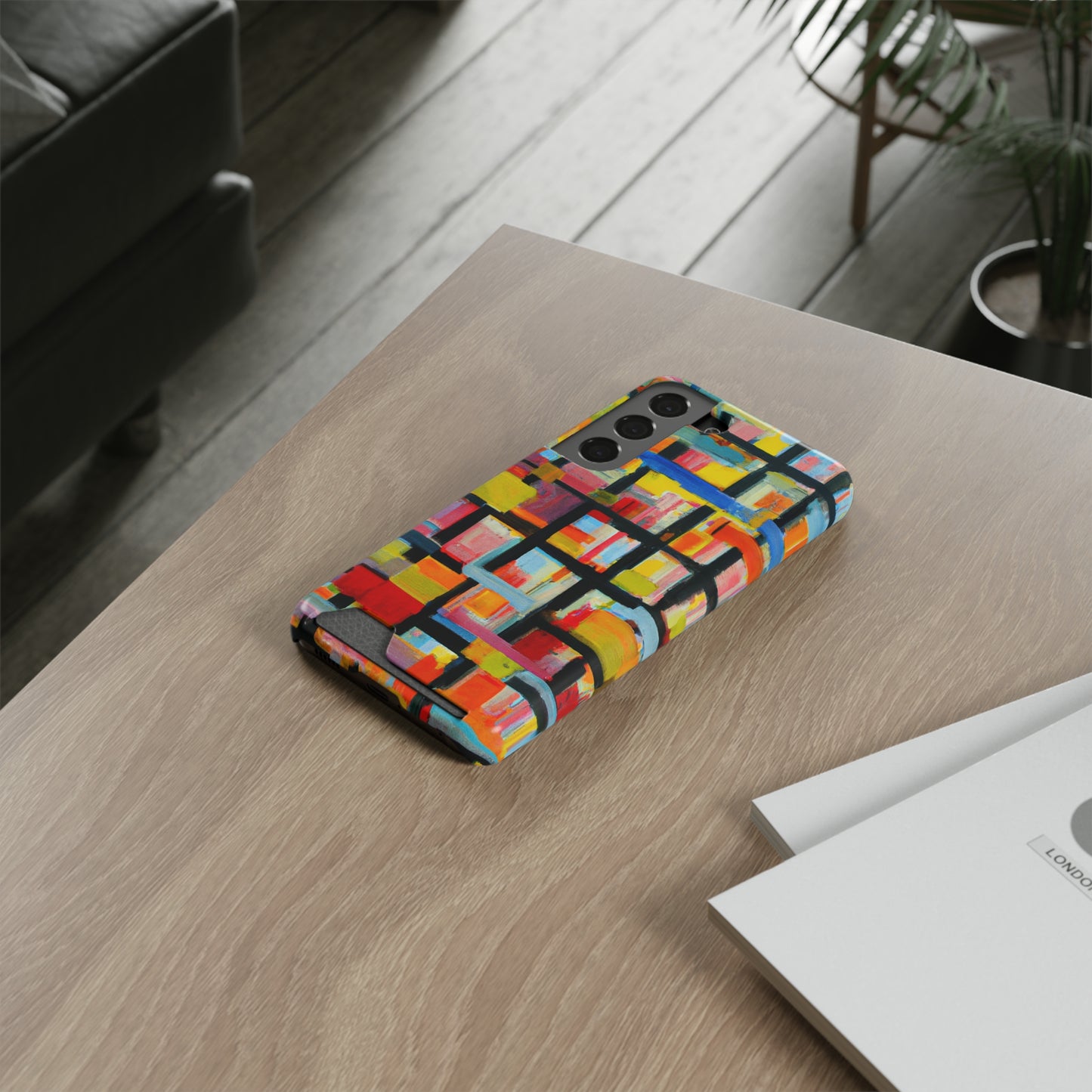 iPhone 13 and Samsung S21, S22 Cases with Card Holder Ft Abstract Bricks