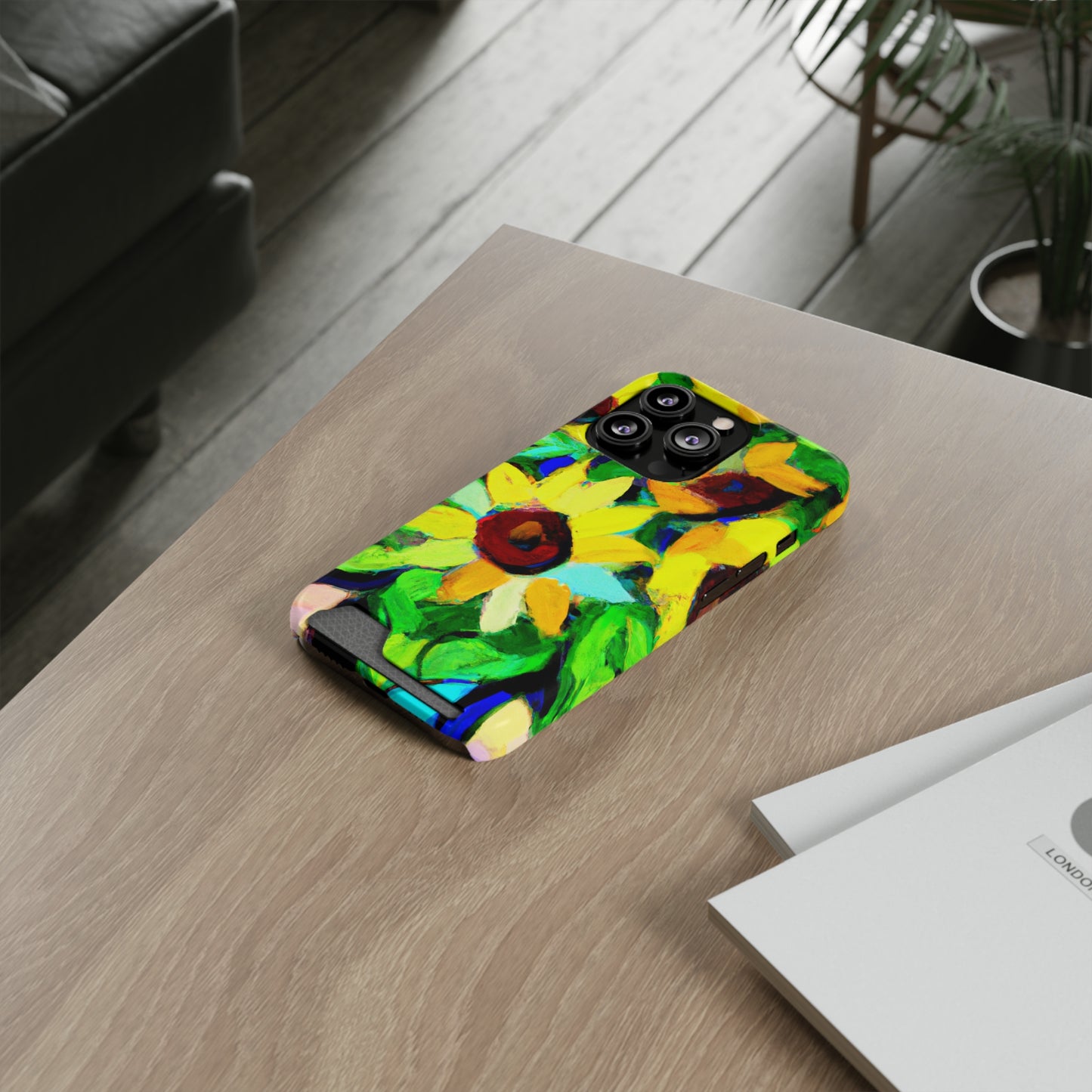 iPhone 13 and Samsung S21, S22 Cases with Card Holder Ft. Abstract Sunflowers