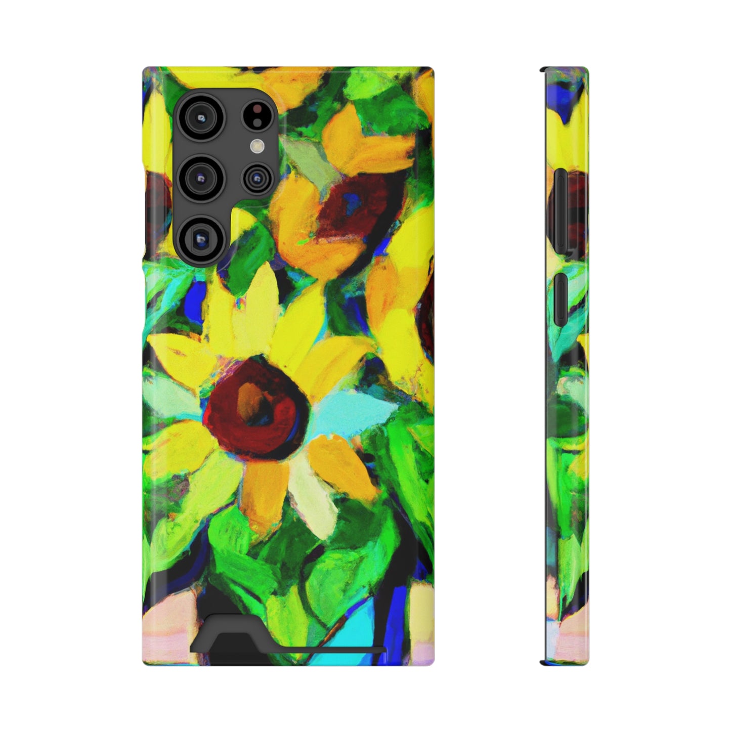 iPhone 13 and Samsung S21, S22 Cases with Card Holder Ft. Abstract Sunflowers