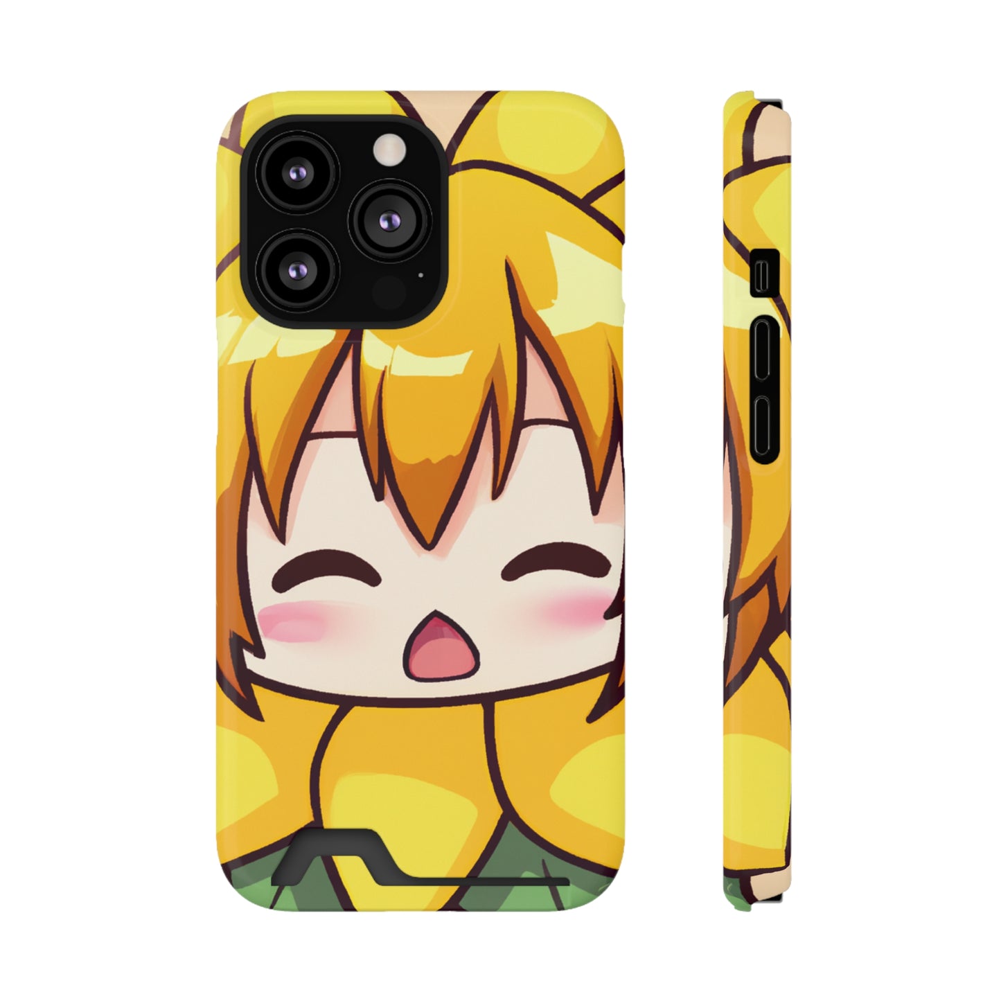 iPhone 13 and Samsung S21, S22 Cases with Card Holder Ft. Chibi Sunflower