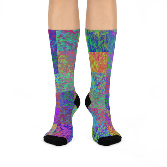 Psychedelic Patchwork Cushioned Crew Socks: Colorful Abstract Comfort
