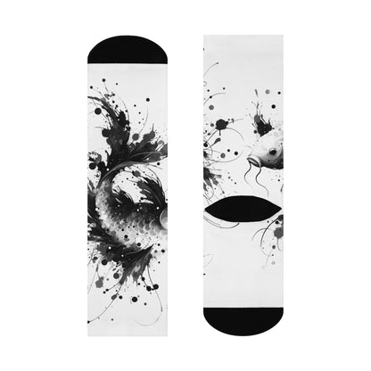 Cushioned Crew Socks: Black Ink Koi Splash Crew Socks